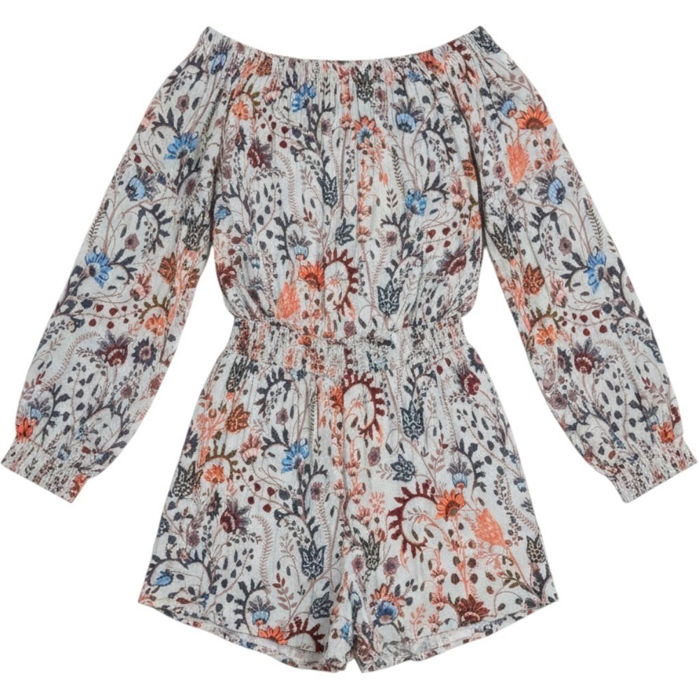 Free People Pretty & Free Floral Romper S Smocked Back Cut Out Boho Cottage EUC